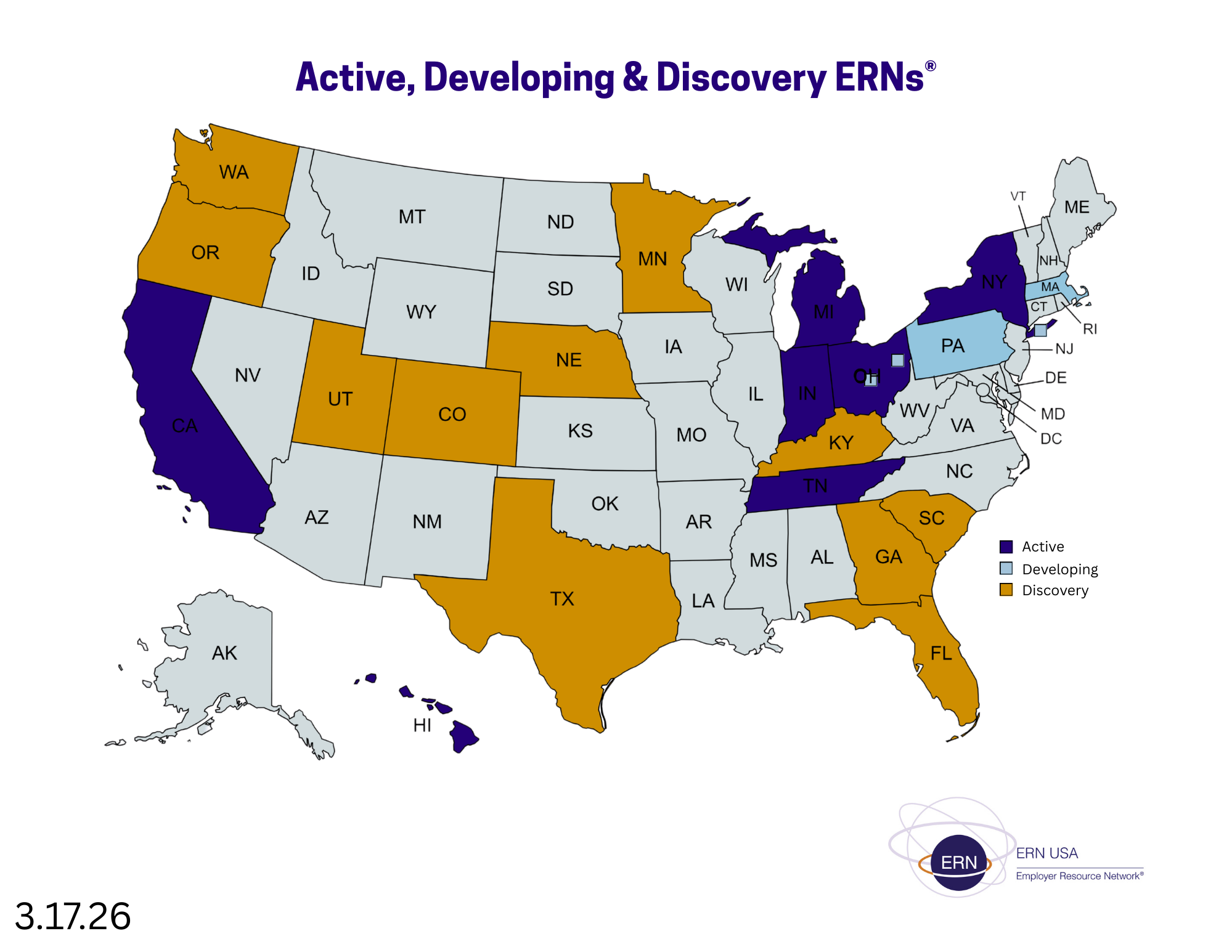 Map of the United States showing ERN USA networks by status: active, developing, and discovery